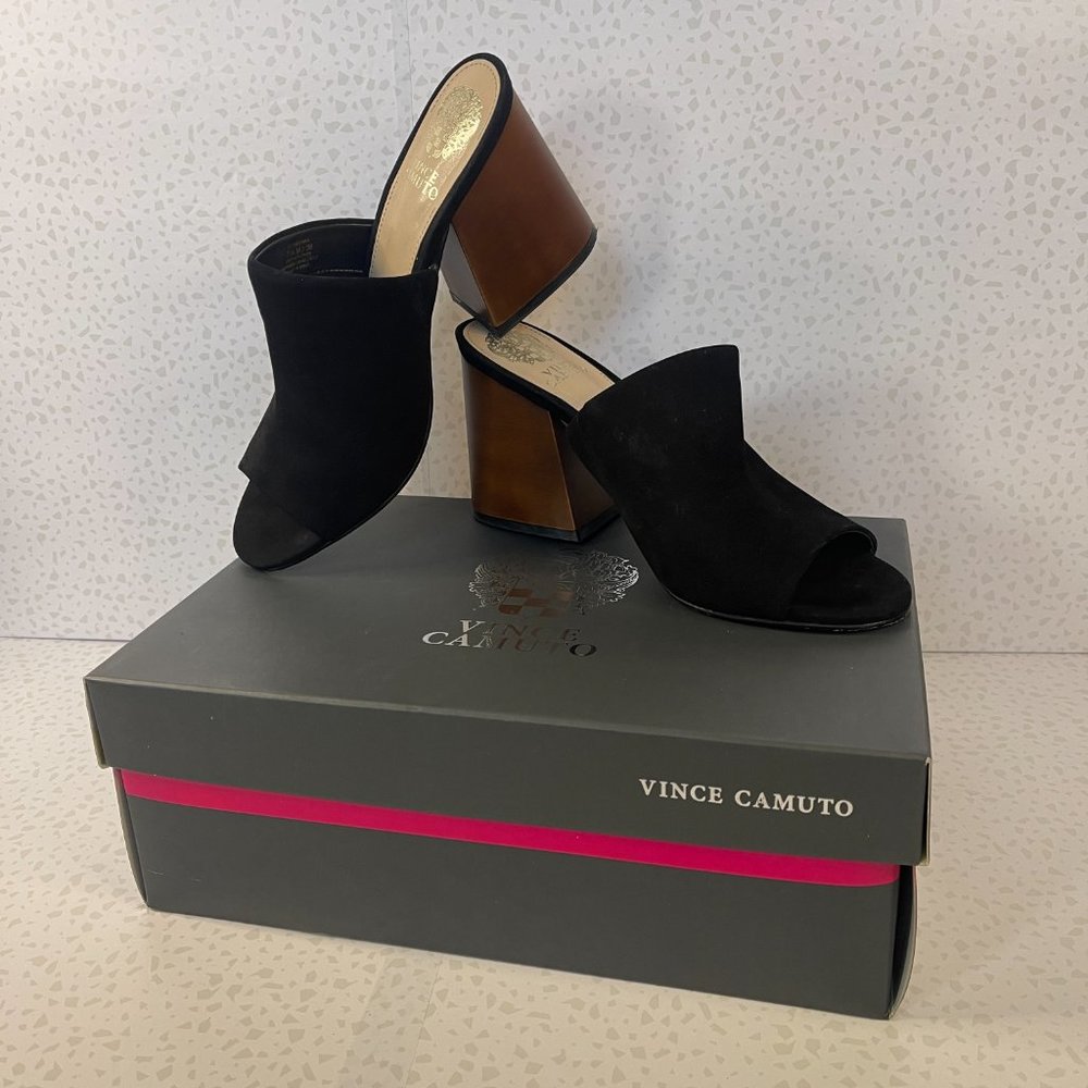 Vince Camuto Keeran Black Suede Block Heel Mules Size 7.5